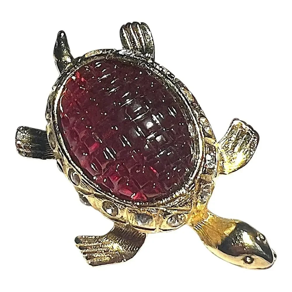 Elegant Gold tone with carved Red stone & Rhinestones Tiny Turtle Brooch